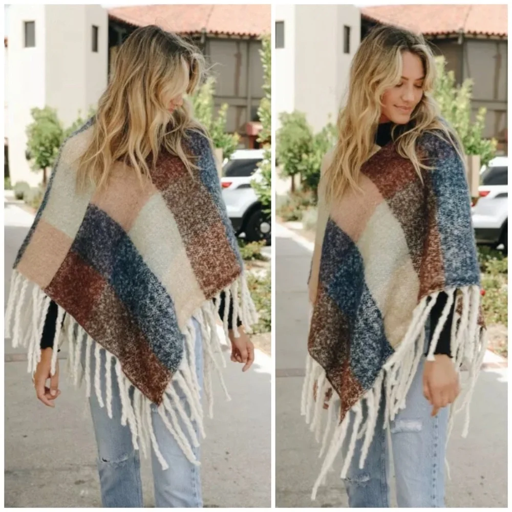 SOLD OUT Colorblock Multicolor Tassel Fringe Poncho - Picture 1 of 6